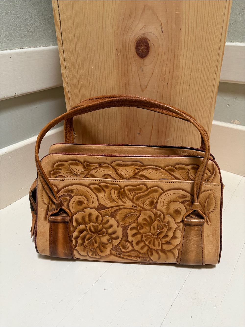 70’s Boho Tooled Leather Floral Satchel Handbag - Tan